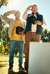 Image showing Men, salute and tombstone for respect in cemetery for military, navy or memorial with grief, support or empathy. Elderly friends, gravestone and hats off with sign, memory and love for fallen soldier