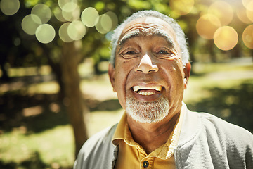 Image showing Senior man, portrait and bokeh in nature, garden or park with freedom, confidence and wellness in retirement. Happy, face and elderly smile with pride in backyard, environment or holiday in summer