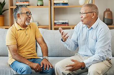 Image showing Senior, men and communication on sofa for support, relax and retirement in living room of home with smile. Elderly, people or conversation on couch for advice, discussion and care in lounge of house