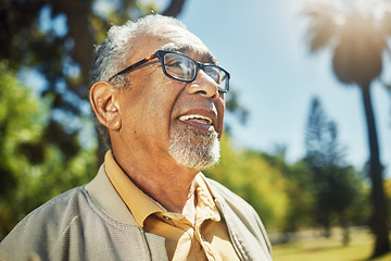 Image showing Happy, thinking and senior man in park, nature and outdoor adventure in retirement, holiday or vacation in sunshine. Elderly person, happiness and smile in summer, forest or woods with wellness