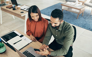 Image showing Top view, business people and staff with smartphone, connection and network with social media. Man, woman and employee with manager, cellphone and mobile user with digital app, chat and brainstorming