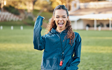 Image showing Woman, sport celebration and winner portrait with excited coach on a field for game and workout. Training, yes and fitness performance success of person with winning and achievement from exercise