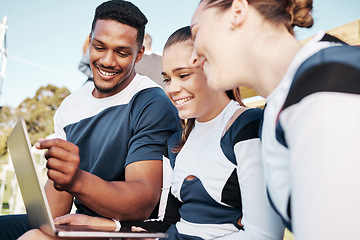 Image showing Laptop, sports people and team outdoor for planning workout, exercise or cheerleader strategy. Computer, athlete trainer and happy women on internet for fitness, teaching group and training together