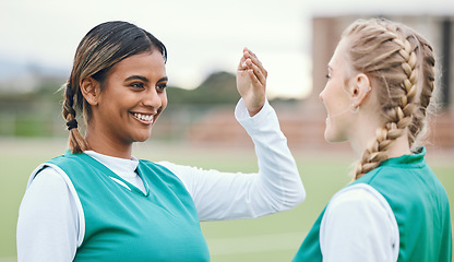 Image showing Youth, teenager and girl with smile for sports with team, practice or match on field. Female, person or student with friend in excitement, happiness or joy for game, competition or training at school