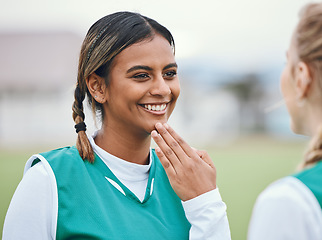 Image showing Woman, field and smile for hockey or wellness for sport competition for exercise, training or fitness. Athlete, exercise clothes and outdoor contest in sun for workout, strong or cardio for health