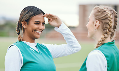 Image showing Woman, friends and hockey salute for fun on sports field for game in competition, training or fitness. Female athlete, play and exercise for outdoor contest in sun for strong workout, cardio or smile