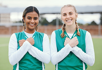 Image showing Crossed arms, sports and portrait of friends for hockey on field for training, exercise and workout. Fitness, team and happy women with hand gesture on chest for teamwork, support and bonding in club