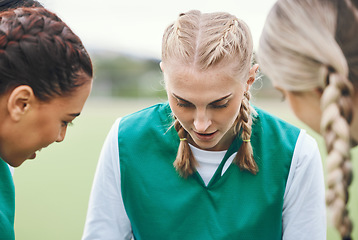 Image showing Planning, sports women or team in huddle with support, solidarity or plan for a hockey training game. Group, talk or female athletes in practice for fitness exercise or match together for teamwork