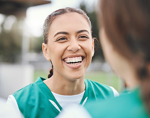 Image showing Funny, team sports or happy woman in conversation on turf or court on break in fitness training or exercise. Smile, friends or female hockey players laughing or talking to relax together outdoors
