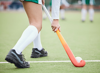 Image showing Woman athlete, hockey and field for game goal training or running, workout on grass turf. Professional sports person, fitness competition or strong cardio health, challenge in physical performance