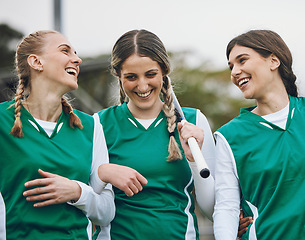 Image showing Women, athlete and hockey stick in sportswear, happy and laughing at match results, support and fitness. Training, teamwork and cardio health for workout, exercising together and fit muscle strength