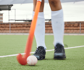 Image showing Hockey, sport field or movement on grass turf sport field for exercise training for cardio challenge. Strong athlete people, workout or outdoor club game for healthy competition battle, game or goals