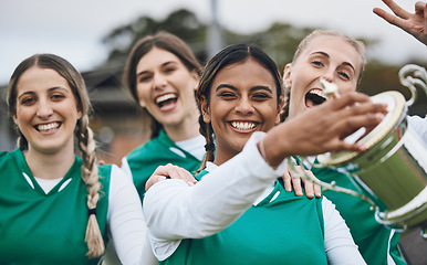 Image showing Sports women, team and winning trophy in portrait, celebration and success in competition on field. Champion girl group, friends and diversity for hockey, goal or happy outdoor at stadium for contest