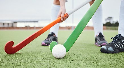 Image showing Hockey team, stick or field for exercise fitness workout or running performance, physical or sport challenge. Health professional athlete, cardio collaboration or outdoor competition, game or closeup