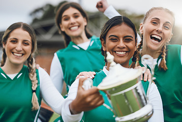 Image showing Sports women, team and trophy for success in portrait, celebration or winning competition on field. Champion girl group, friends and diversity for hockey, goal or happy outdoor at stadium for contest