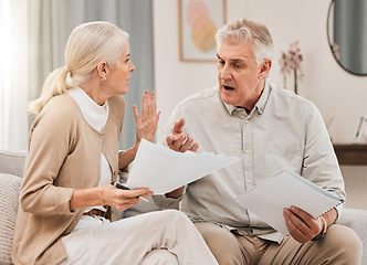 Image showing Bills, old couple with documents and stress in home, mortgage payment and retirement funding crisis. Financial budget, senior man and woman on sofa with anxiety for debt, life insurance and taxes.
