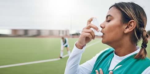 Image showing Woman, athlete and asthma pump for breathing, hand and chest pain in emergency, exercising and fitness workout. Inhaler, training and health issues in lungs, wellness and serious medical condition