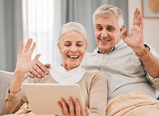 Image showing Home, video call and old couple with a tablet, wave and hello with connection, social media or retirement. Technology, elderly man or senior woman on a couch, network or online chatting with greeting