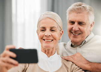 Image showing Old couple, happy in selfie and memory for social media post, love and trust while at home. People smile in picture, time together and marriage, retirement and photography for content for mobile app