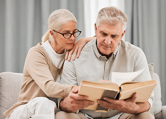 Image showing Old people, Bible study and Christian faith with worship and reading book, wellness and spiritual together in retirement. Bonding over religion, couple at home with gospel and scripture, God and pray