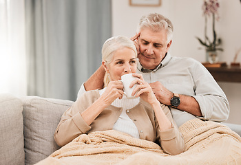 Image showing Old couple, hug and relax on couch with coffee, love and support, bonding while at home with trust and comfort. People have tea together, marriage or partner with retirement, calm and peace of mind