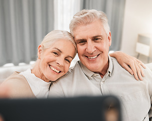 Image showing Selfie, face and old couple on social media, happiness and memory with post for app and relax in retirement at home. Love, hug and people smile in profile picture or live streaming with photography