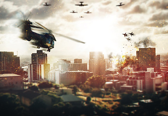 Image showing City, helicopter and fight with warzone, conflict and explosion with battlefield, urban development and destruction. Fighters, town and outdoor with buildings, aerial attack and action with combat