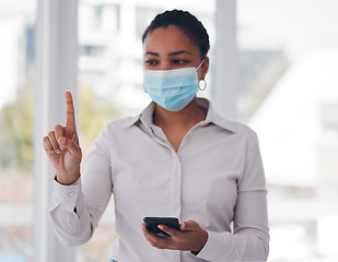 Image showing Woman, mask and phone for future medicine research in hospital, innovation or learning. Female employee, problem solving for health and information technology or data collection, thinking OR results