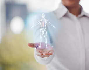 Image showing Hand, hologram and human anatomy for healthcare, medicine or medical research for graphic innovation. Person, professional and 3d body or skeleton for futuristic study, chest pain and xray diagnosis