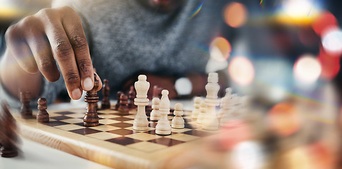 Image showing Hand, chess and board game with moving, strategy and choice in competition, problem solving and bokeh. Person, toys and contest with queen, king or check with knowledge, solution or closeup with idea