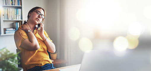 Image showing Remote work from home, phone call and woman with neck pain, banner and laptop with connection. Person, freelancer and entrepreneur with a smartphone, stress and burnout with muscle tension or talking