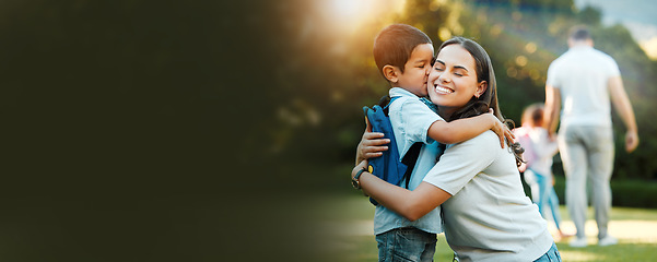 Image showing Child, mother and banner with hug, kindergarden and education with happiness for family support. Mock up, mom and son with kiss outdoor, campus and preparation with backpack for school beginning