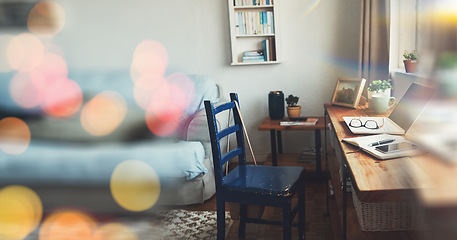 Image showing Home office, remote and laptop with notebook on empty for overlay, bokeh and banner for mockup. Technology, workspace and desk with diary in living room with glasses, coffee or phone for entrepreneur