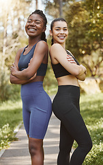 Image showing Fitness, friends and portrait of women in park for running exercise for race or marathon training. Sport, workout and female athletes with crossed arms for cardio wellness together outdoor in nature