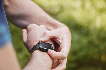 Image showing Hands, runner and check smart watch in park for steps, data or time app with results, fitness or nature. Person, iot clock or monitor for speed, heart rate or reading for exercise, workout or health