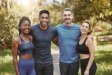 Image showing Fitness, group and people hug for portrait, athlete team and support for sport and health. Exercise friends, diversity and healthy with challenge, training together with workout and trust in forest