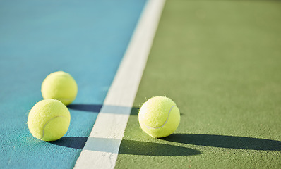 Image showing tennis ball, court and turf for fitness, training or health as athlete or workout, game or serve. Sports equipment, outdoor and field for energy or cardio in summer for exercise or tournament in sun