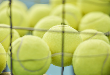 Image showing Tennis ball, close up and basket for training or sport for exercise, cardio or serve for game. Sports equipment, tournament and turf for professional athlete or health for outdoor workout or fitness