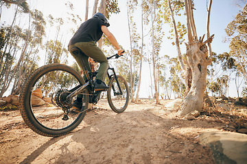 Image showing Man, exercise and mountain bike for sport in nature, forest and marathon training by cycling. Athlete, trees and bicycle adventure for health, mountains and off road with terrain for extreme sports
