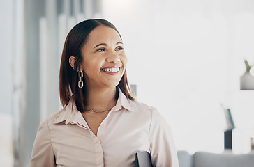 Image showing Smile, happy and businesswoman in the office with confident, good and positive attitude. Happiness, ambition and professional female lawyer or attorney from Colombia standing in modern workplace.