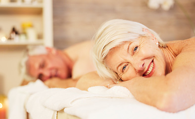 Image showing Relax, portrait and senior couple at a spa for health, wellness and back massage treatment. Calm, beauty and closeup of zen elderly man and woman at retirement resort for self care at a natural salon