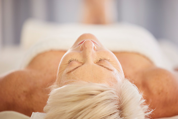 Image showing Relax, health and senior woman at a spa for peace, wellness and anti aging skincare facial treatment. Calm, beauty and closeup of elderly female person with wrinkles face routine at a natural salon.