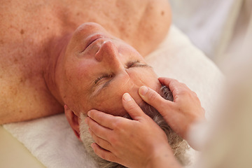 Image showing Relax, head massage and senior man at a spa for luxury, self care and muscle healing treatment. Health, wellness and elderly male person on a retirement retreat for face therapy at a natural salon.