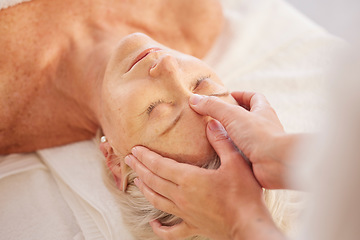 Image showing Relax, head massage and senior woman at a spa for luxury, self care and muscle healing treatment. Health, wellness and elderly female person on a retirement retreat for body therapy at natural salon.