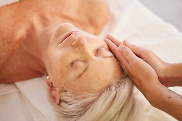 Image showing Relax, face massage and senior woman at a spa for luxury, self care and facial healing treatment. Health, wellness and elderly female person on a retirement retreat for head therapy at natural salon.