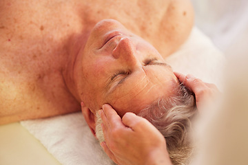 Image showing Spa, head massage and senior man for luxury, self care and muscle healing treatment for relaxation. Health, wellness and elderly male person on a retirement retreat for face therapy at natural salon.