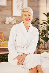 Image showing Smile, portrait and senior woman at a spa for health, wellness and anti aging skincare treatment. Beauty, happy and elderly female person in retirement with wrinkles face routine at a natural salon.