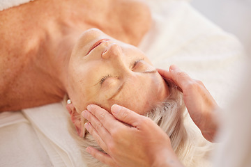 Image showing Spa, head massage and senior woman at a spa for luxury, self care and facial healing treatment. Relax, wellness and elderly female person on a retirement retreat for face therapy at natural salon.