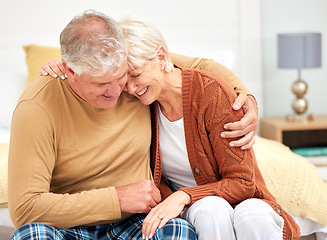 Image showing Funny, hug or happy senior couple with love, care or joy together on sofa at home in retirement. Relax, silly joke or mature people laughing with support, humor or loyalty on house living room couch