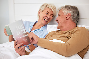 Image showing Bed, book and senior couple with love, conversation and marriage with creativity, relax and retirement. Novel, storytelling and old woman with elderly man, bedroom and home with discussion or resting